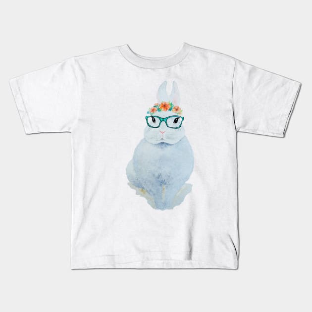 Watercolor Easter Bunny with Glasses and a Flower Crown Kids T-Shirt by Jessfm